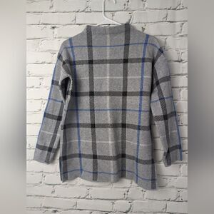 Adrienne Vittadini Knit top, mock neck plaid grey and blue xs